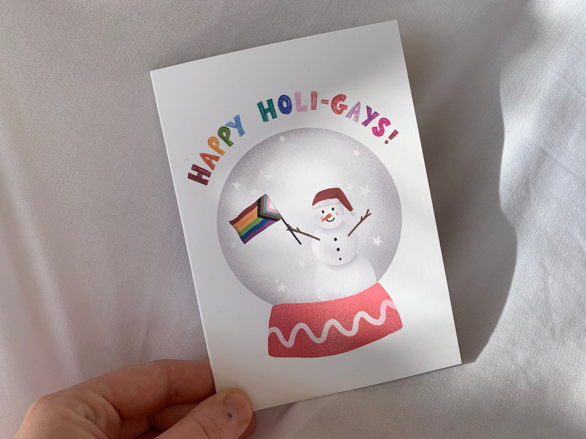 Happy Holi-gays LGBTQ+ Christmas greetings with envelope